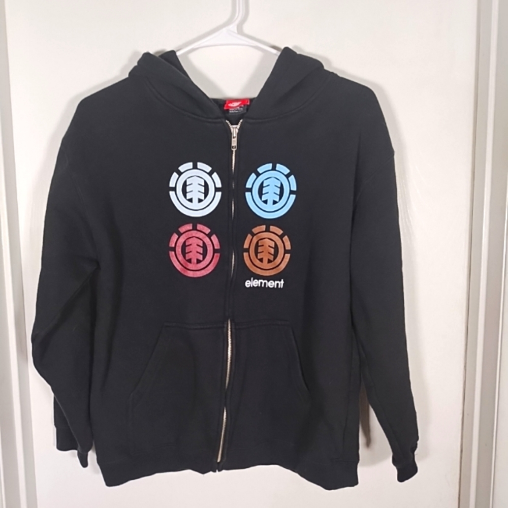 VTG Y2K Element Zip Hoodie Youth L Black Skate Grunge Sweatshirt Logo